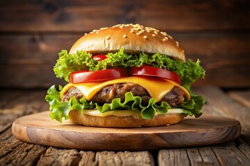 Cheeseburger with melted cheese, lettuce, tomato, fries on rustic table