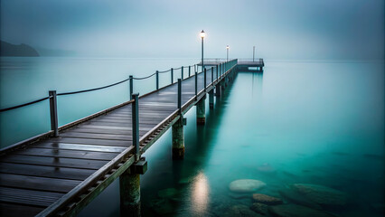 Fototapeta premium The wooden pier stretches into tranquil turquoise waters under a blanket of morning mist, surrounded by a calm atmosphere and soft light from street lamps