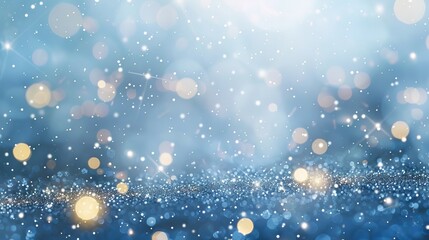Festive blue glitter bokeh background with blurred sparkling lights for holiday celebrations and designs