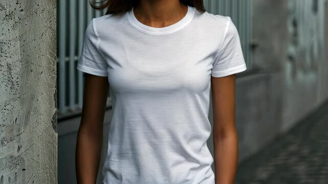 Young girl in blank white tshirt walking in city street. Perfect mockup template for tshirt design print.