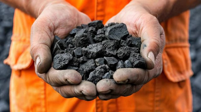Miner man holding coal in palm, depicting underground coal mining.