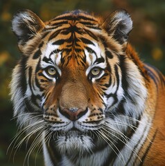 Fototapeta premium Majestic tiger portrait showcasing its fierce gaze and striking orange fur, embodying the beauty of wildlife.