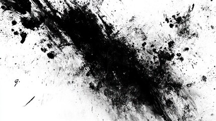 Abstract black ink splatter on a white background, creating a dynamic visual effect.