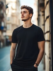 Fototapeta premium Young man in black t-shirt on urban street