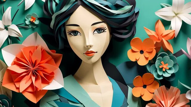Stunning origamiinspired portrait of a girl in a flower kimono made of delicate paper triangles.