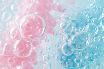 A bunch of colorful bubbles rising through a mixture of pink and blue liquids