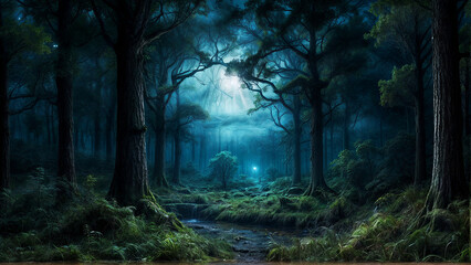 A tranquil forest at twilight features towering trees and thick greenery illuminated by a soft, ethereal light. A gentle stream flows, enriching the peaceful ambiance
