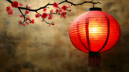 Obraz premium Red Chinese Lantern with Cherry Blossom Branch on Golden Background