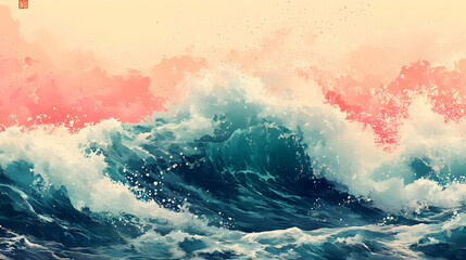 Fototapeta premium Watercolor Painting of Ocean Waves Crashing