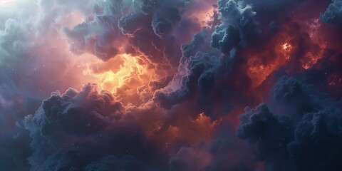 Dramatic dark storm clouds illuminated by vibrant orange light.