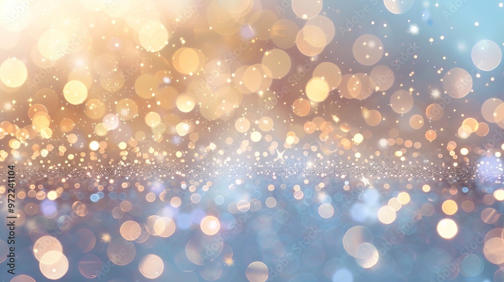 Wall mural glittering light blue particles shimmer on stage with radiant shine and soft bokeh effect, creating 