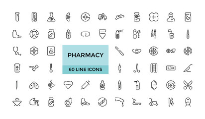 Pharmacy icons set. Line style icon collections, editable stroke. stethoscope, pregnancy test, pills, dropper, alternative medicine, medicines, pharmacy, Editable strock.