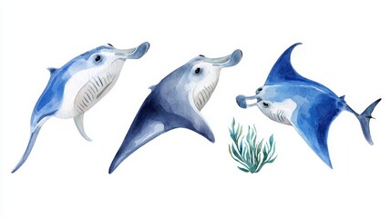 Fototapeta premium Whimsical watercolor illustration of three marine creatures swimming gracefully in a serene underwater environment.