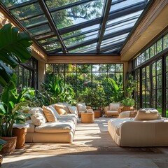 Fototapeta premium Sunlit Glass Roof Conservatory with Beige Couches and Plants