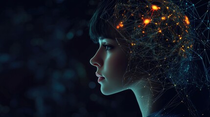 Obraz premium A woman's profile with glowing neural network lines and dots within her head.