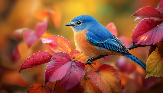 A vibrant bluebird perched on a branch with colorful autumn leaves.