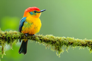 Obraz premium A vibrant, colorful bird perches on a moss-covered branch against a green background.
