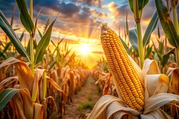 A stunning close up shot of ripe maize or corn on an agricultural field illuminated by the golden rays of the sunset, golden rays, crop, agricultural field, sunshine, ripe, farm
