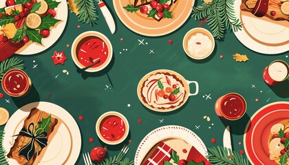 Christmas brunch invitation, festive decor, flat design illustration