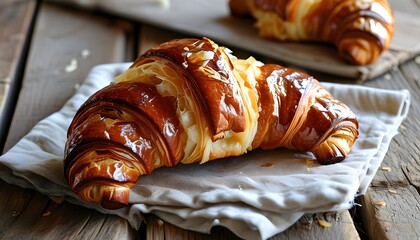 Golden Brown Croissant on Rustic Table: A Symbol of French Indulgence and Fresh Bakery Delights