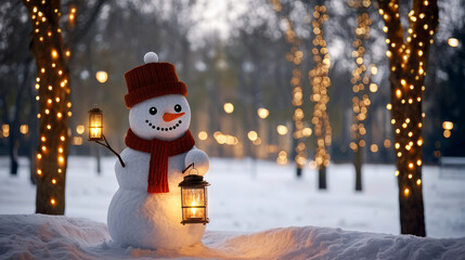 Obraz premium Smiling Snowman With A Lantern In A Snowy Forest With Warm Fairy Lights.