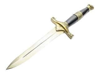 An elegant, ornate dagger with a double-edged blade and gold hilt, inspired by medieval craftsmanship, perfect for collectors, historical displays, or fantasy-themed decor.