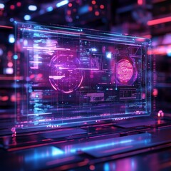 Fototapeta premium Futuristic Holographic Screen With Neon Lights And Digital Data