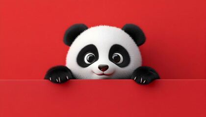 Fototapeta premium Cute panda peeking over red background.
