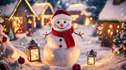Obraz premium Smiling snowman in festive winter wonderland with lanterns and snow