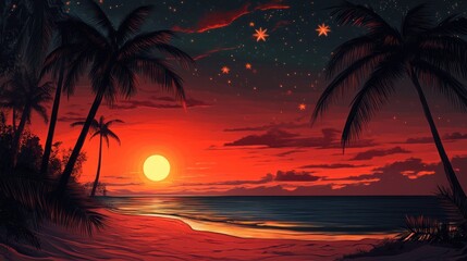 Obraz premium A vibrant sunset over a beach with palm trees and a starry sky.