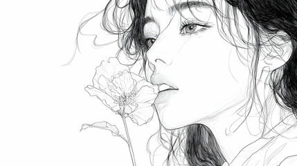 Naklejka premium Woman smelling flower sketch art illustration