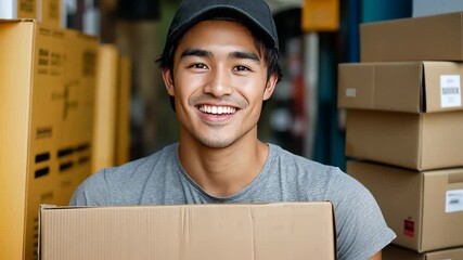 A man with a black hat and a gray shirt is smiling and holding a cardboard box. Concept of happiness and contentment, as the man is enjoying his time
