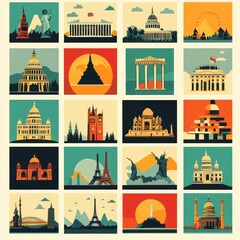 Famous Landmarks Retro Illustration Collage