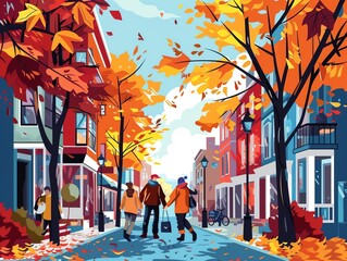 Fototapeta premium Autumn sweaters and boots, vibrant street scene, flat design illustration