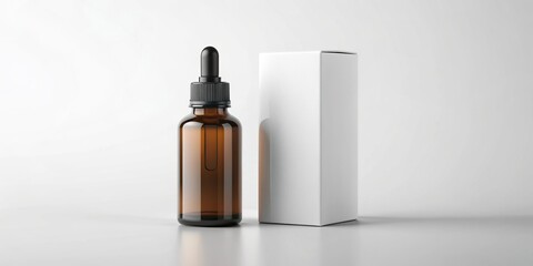Dropper bottle and box blank mockup tilted at an angle, container, droplet, medicine, branding, cosmetic, design, health, angled, cosmetics, isolated, transparent, clear,product