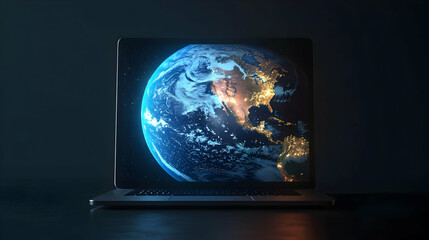 A Realistic 3D Render of a Laptop with the Earth Displayed on the Screen with a Dark Background