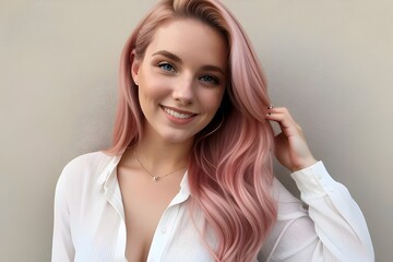 Fototapeta premium smiling, 20 year old woman, feminine, cute, pastel, PIINK ombré hair, makeup, freckles, casual photo, cheerful, playful, natural, beauty, stylish, trendy, modern, relaxed, friendly, lighthearted