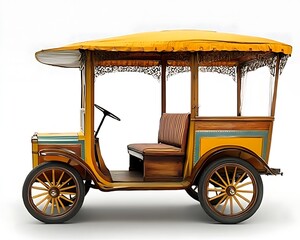 A vintage yellow and brown vehicle with a canopy and a bench