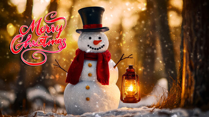 Snowman Holding Lantern In Snowy Forest With Merry Christmas Text Overlay.
