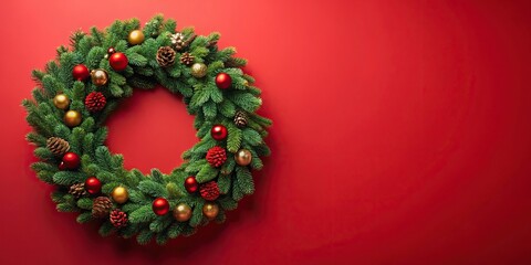 Christmas wreath isolated on red background door