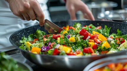 Chef preparing fresh salad with colorful vegetables in a bowl