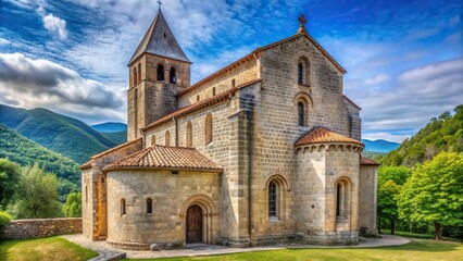 Symmetrical church of Montsegur in Ariege, Occitanie, South France, religion, structure,Montsegur, travel, sunny, stone, symmetrical, village, architecture, medieval, hilltop, facade