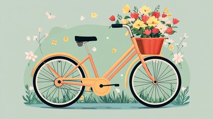 A vintage bicycle with a basket full of colorful flowers.