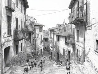 Obraz premium Black and white pencil drawing of children playing soccer in the streets, hanging on ropes between buildings, street photography, old Italian city