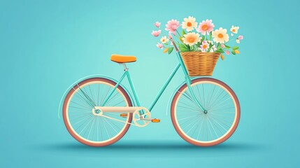 Fototapeta premium A teal bicycle with a wicker basket full of flowers against a light blue background.