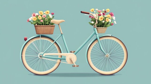 Fototapeta A pastel blue bicycle with baskets full of flowers.