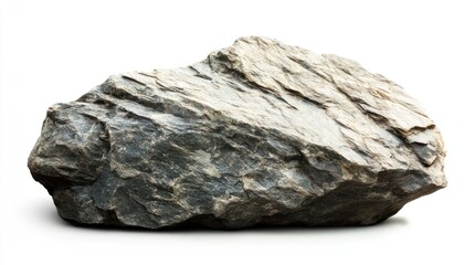 A large, jagged-edged rock with textured layers and variegated gray colors, isolated on a white background, showcasing geologic details.