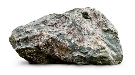 A large, irregular-shaped geological rock with varying shades of gray and specks of white, isolated on a white background.