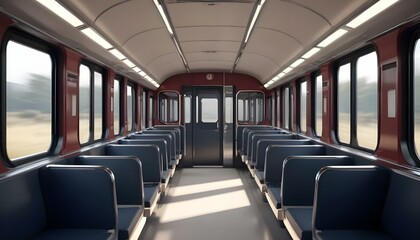 Fototapeta premium interior of a modern train or subway car with rows of seats and handrails