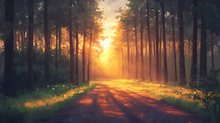 Obraz premium Sunlit Forest Path at Sunset